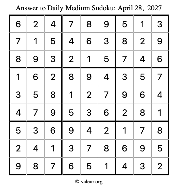 Answer to medium sudoku April 28, 2027