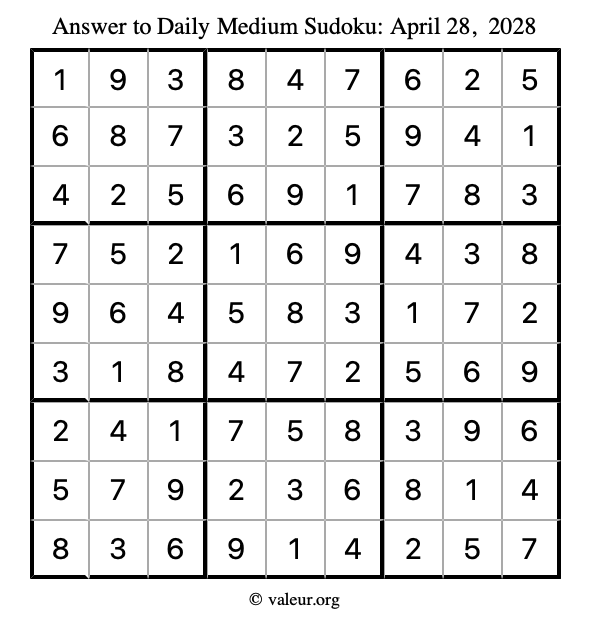 Answer to medium sudoku April 28, 2028