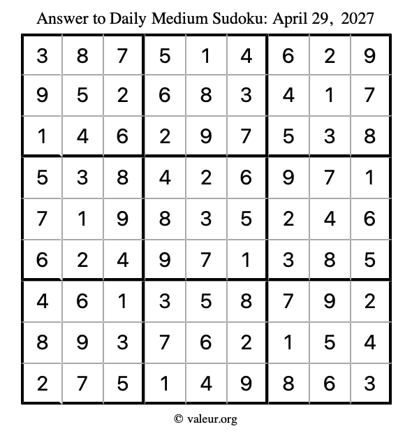 Answer to medium sudoku April 29, 2027