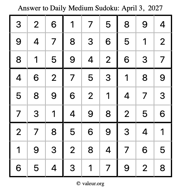 Answer to medium sudoku April 3, 2027