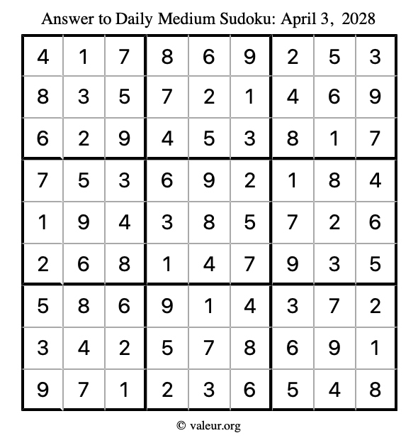 Answer to medium sudoku April 3, 2028