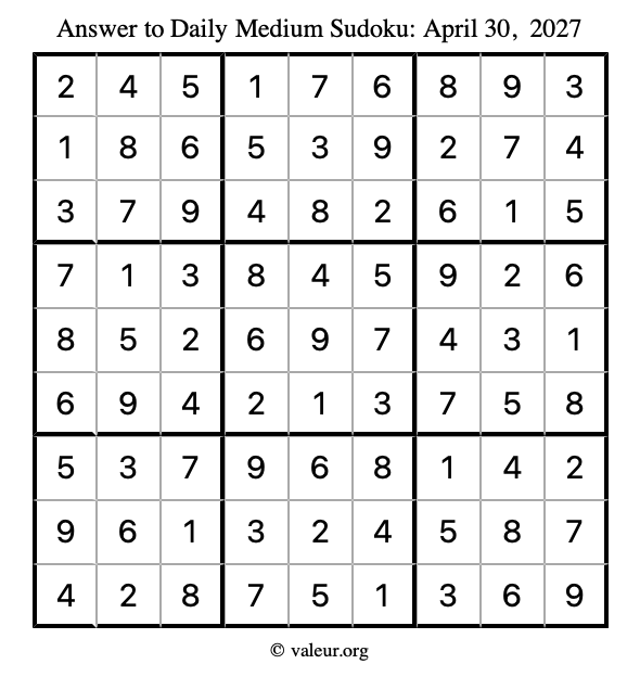 Answer to medium sudoku April 30, 2027