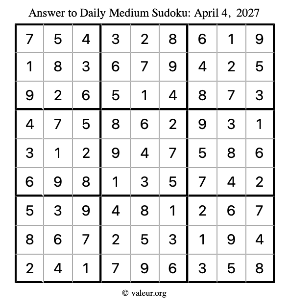 Answer to medium sudoku April 4, 2027
