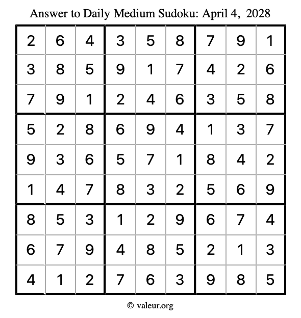 Answer to medium sudoku April 4, 2028