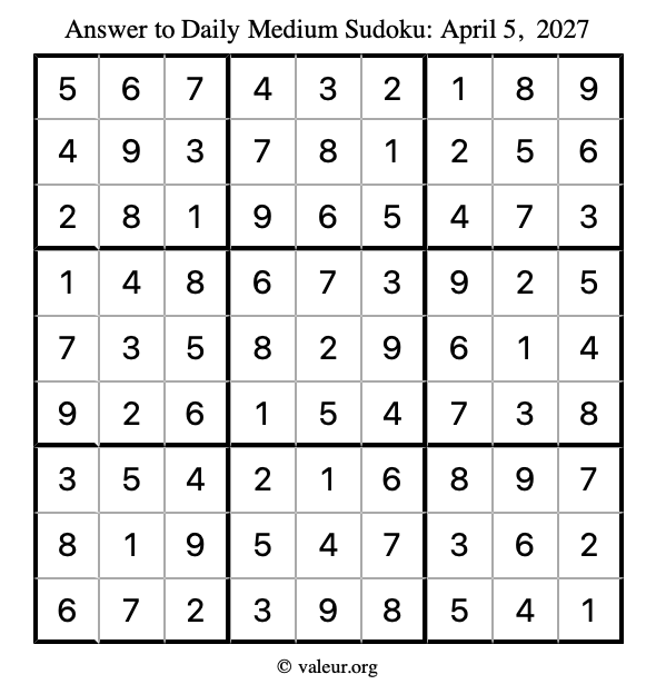 Answer to medium sudoku April 5, 2027