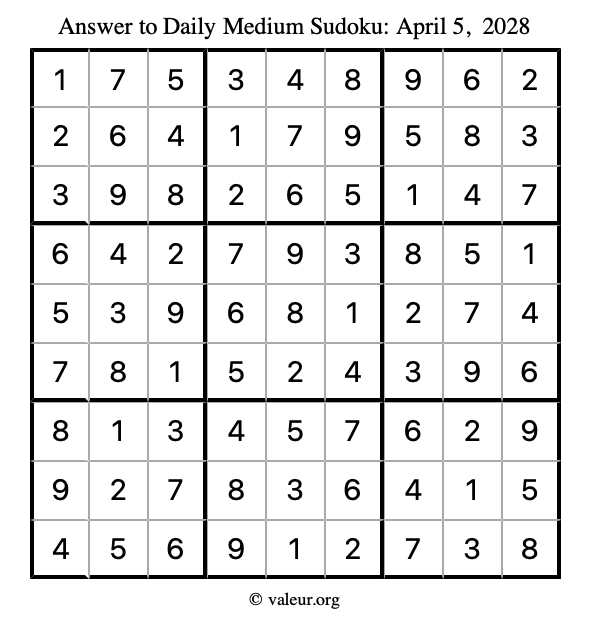 Answer to medium sudoku April 5, 2028