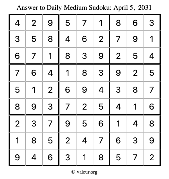 Answer to medium sudoku April 5, 2031