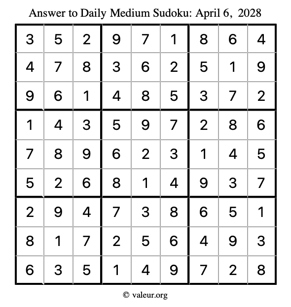 Answer to medium sudoku April 6, 2028