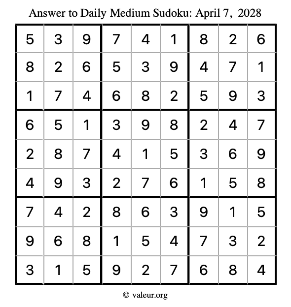 Answer to medium sudoku April 7, 2028