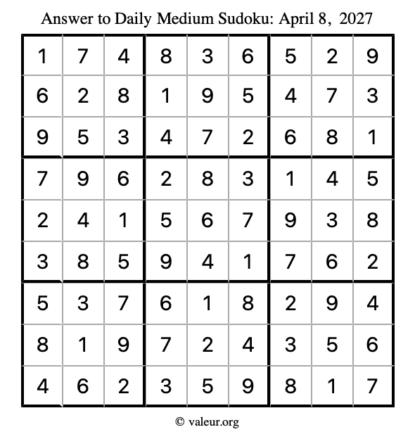 Answer to medium sudoku April 8, 2027