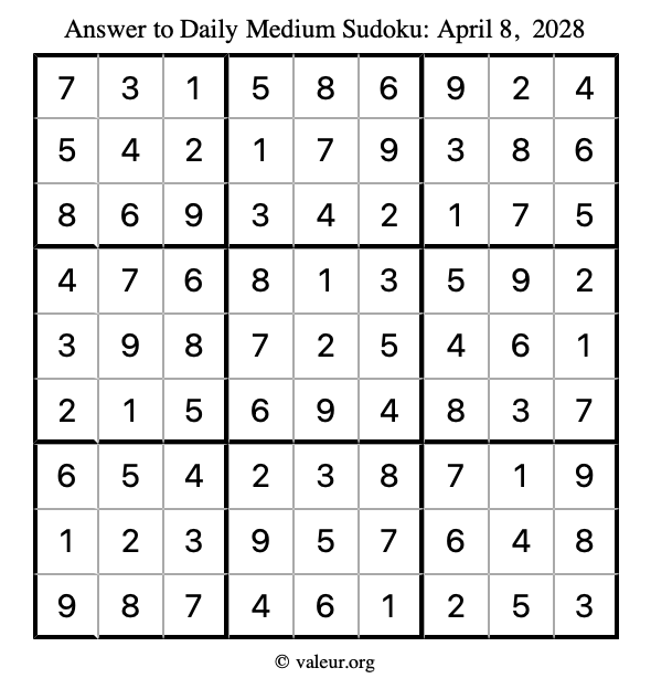 Answer to medium sudoku April 8, 2028