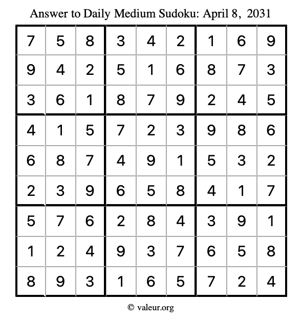 Answer to medium sudoku April 8, 2031