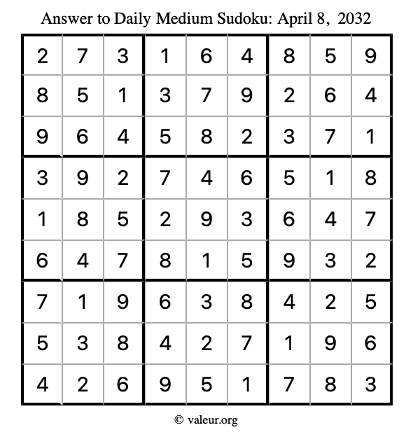 Answer to medium sudoku April 8, 2032