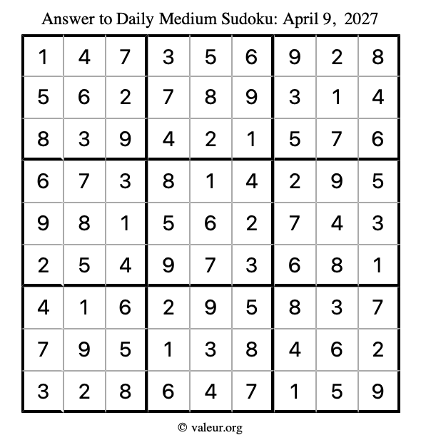 Answer to medium sudoku April 9, 2027