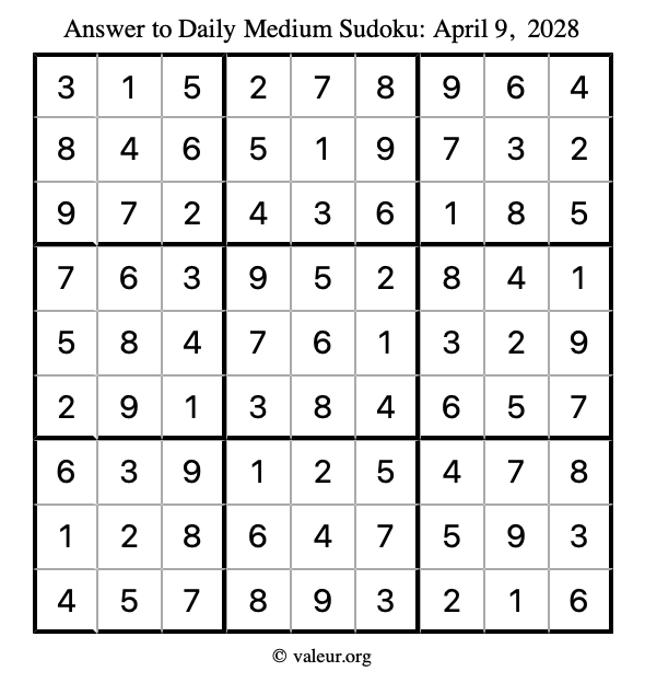 Answer to medium sudoku April 9, 2028