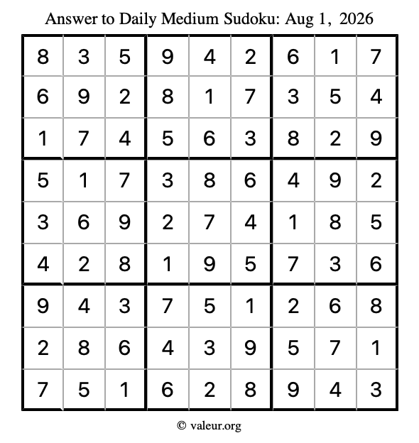 Answer to medium sudoku August 1, 2026