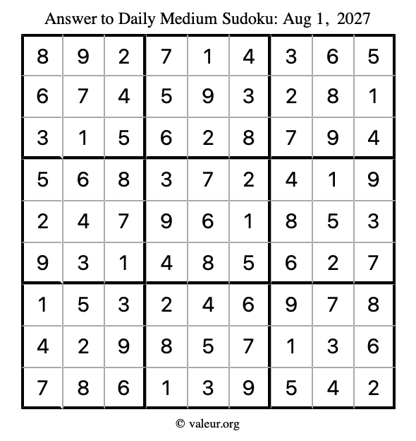 Answer to medium sudoku August 1, 2027