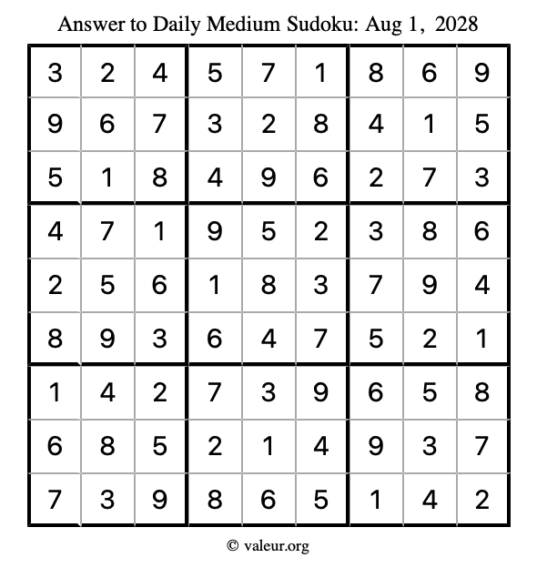Answer to medium sudoku August 1, 2028