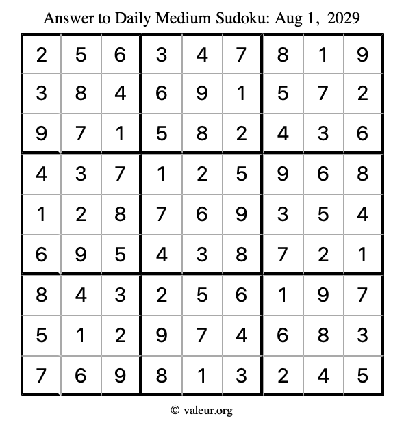 Answer to medium sudoku August 1, 2029