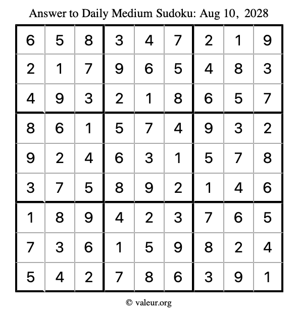 Answer to medium sudoku August 10, 2028