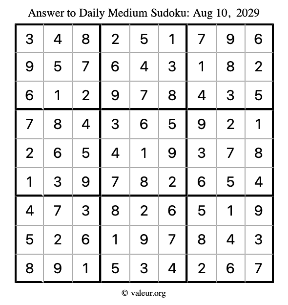 Answer to medium sudoku August 10, 2029