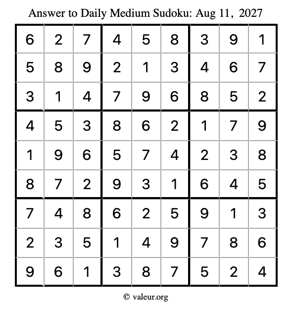 Answer to medium sudoku August 11, 2027