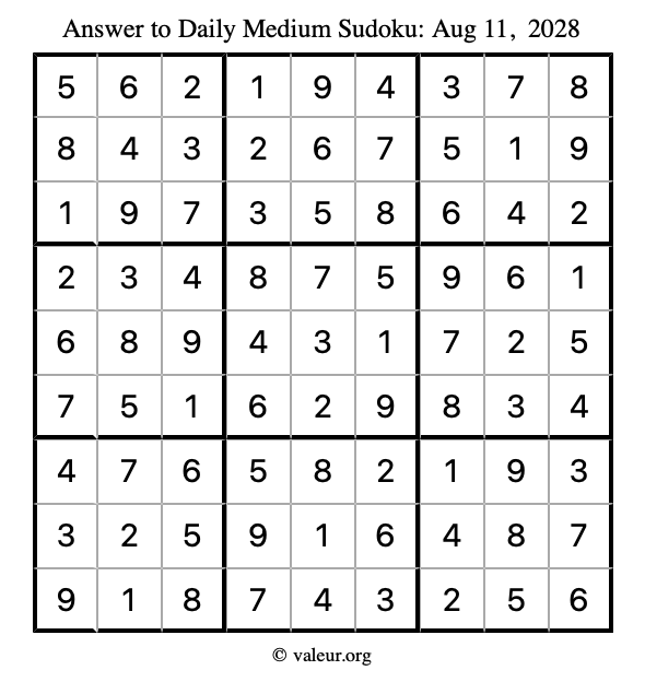 Answer to medium sudoku August 11, 2028