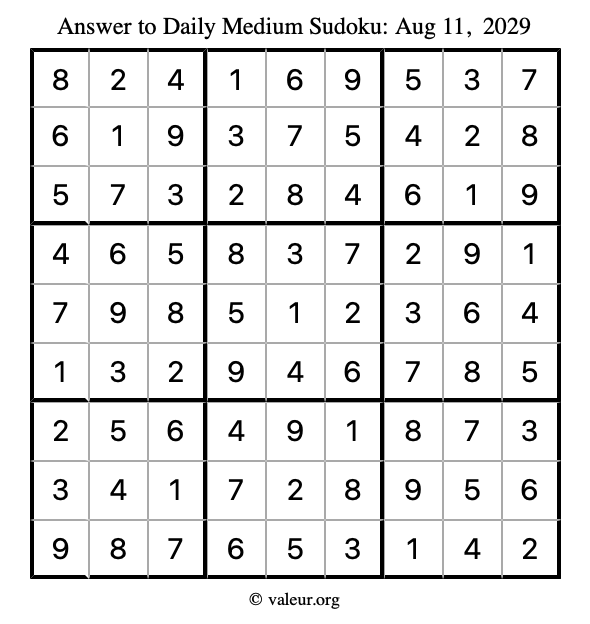 Answer to medium sudoku August 11, 2029