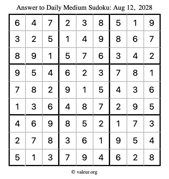 Answer to medium sudoku August 12, 2028