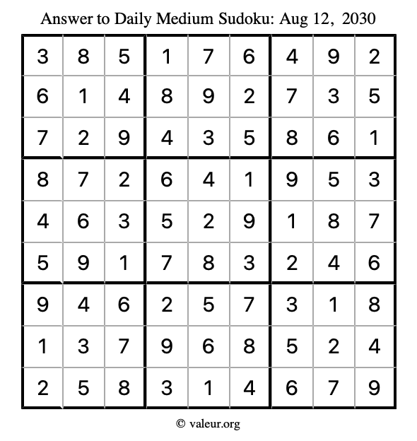 Answer to medium sudoku August 12, 2030
