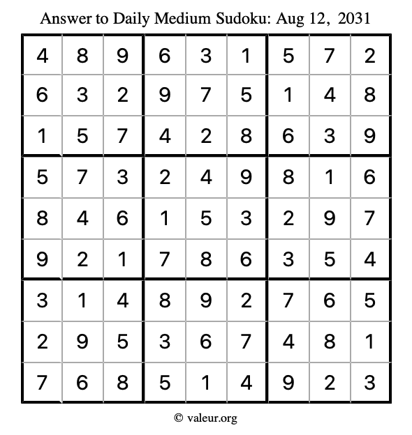 Answer to medium sudoku August 12, 2031
