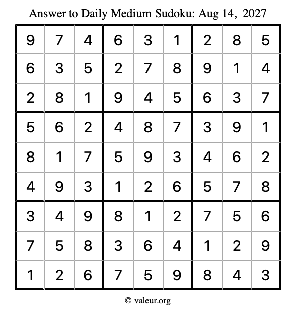 Answer to medium sudoku August 14, 2027