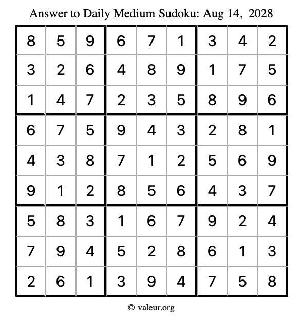 Answer to medium sudoku August 14, 2028