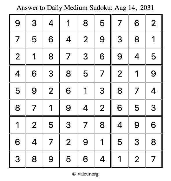 Answer to medium sudoku August 14, 2031