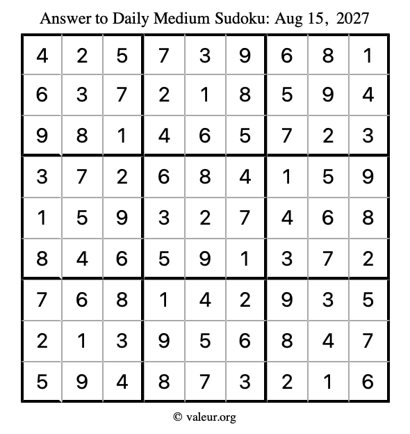 Answer to medium sudoku August 15, 2027