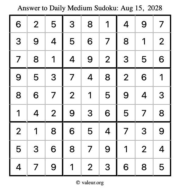 Answer to medium sudoku August 15, 2028