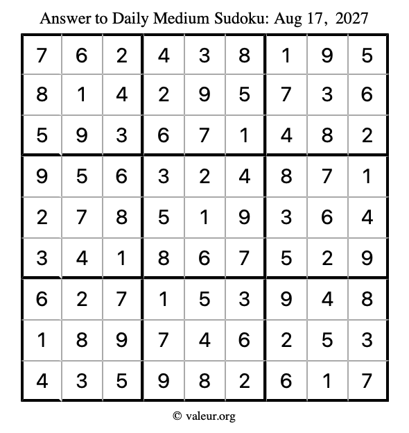 Answer to medium sudoku August 17, 2027