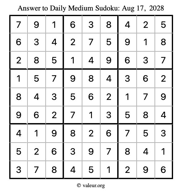 Answer to medium sudoku August 17, 2028