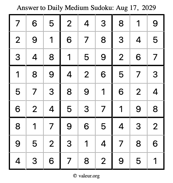 Answer to medium sudoku August 17, 2029