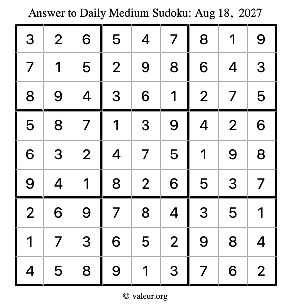Answer to medium sudoku August 18, 2027