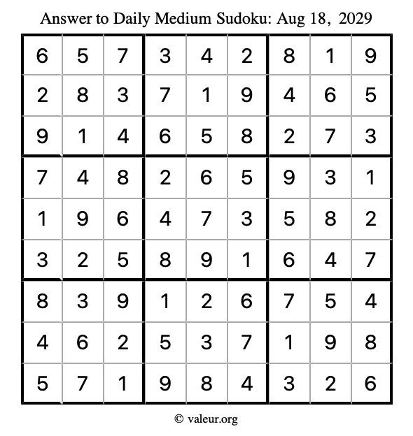 Answer to medium sudoku August 18, 2029
