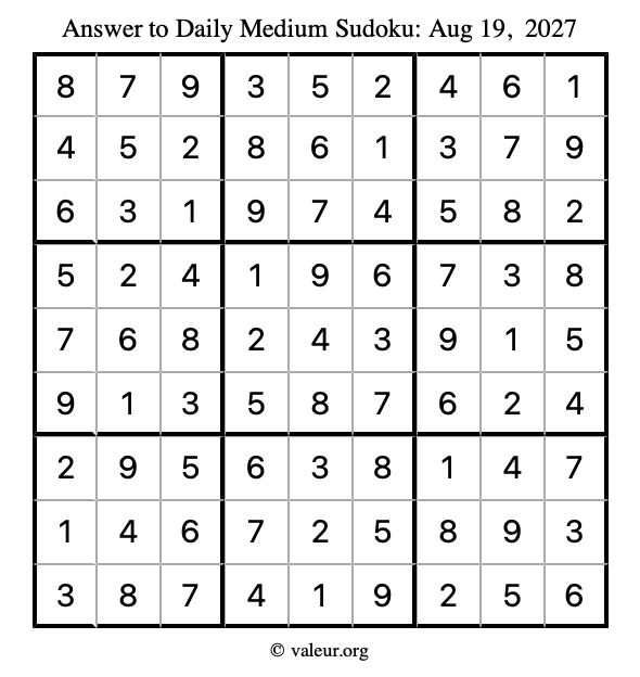Answer to medium sudoku August 19, 2027