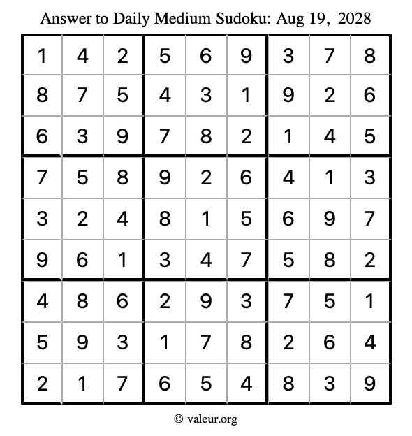 Answer to medium sudoku August 19, 2028