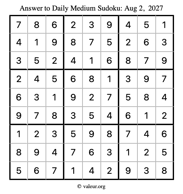 Answer to medium sudoku August 2, 2027