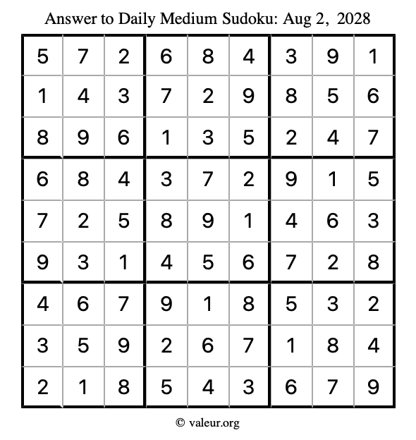 Answer to medium sudoku August 2, 2028