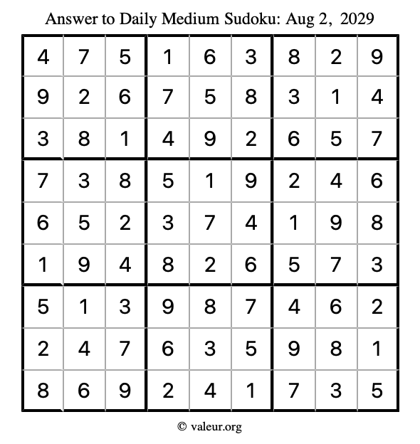 Answer to medium sudoku August 2, 2029