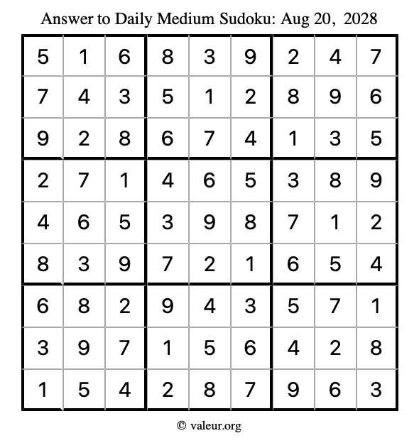 Answer to medium sudoku August 20, 2028