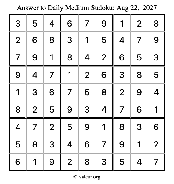 Answer to medium sudoku August 22, 2027