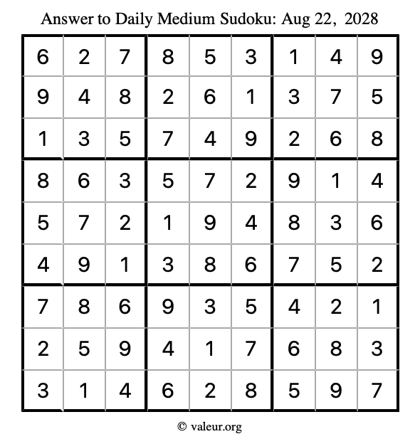 Answer to medium sudoku August 22, 2028