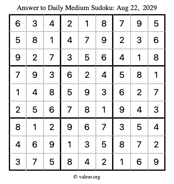 Answer to medium sudoku August 22, 2029